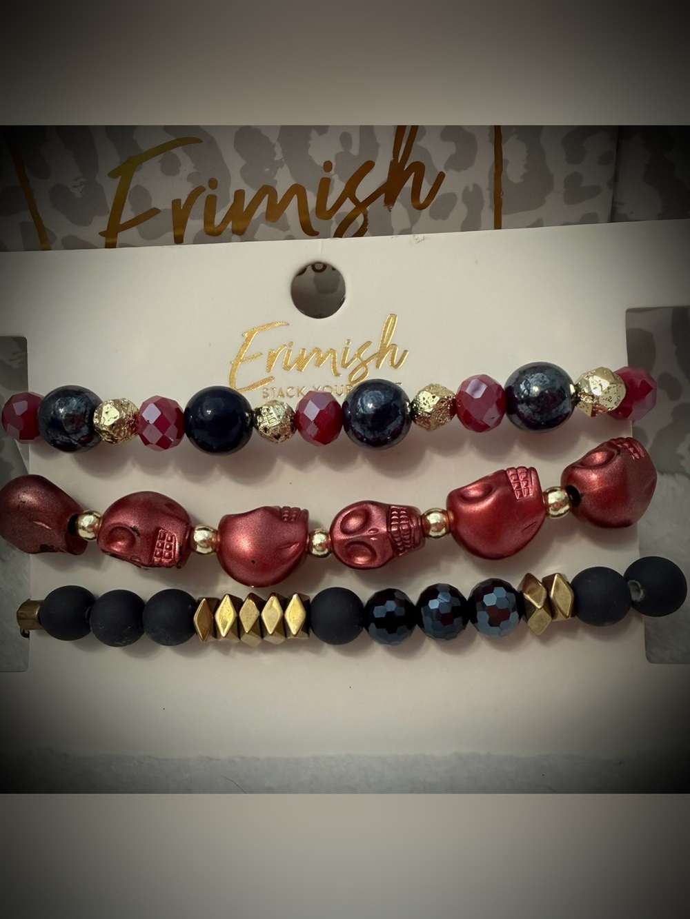 New ERIMISH Bracelets - 3 pc Maroon, Navy & Gold - Halloween Skulls